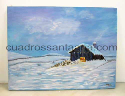 Lienzo de cabaña de madera en la nieve