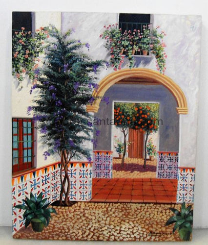 Lienzo de patio con plantas y arboles